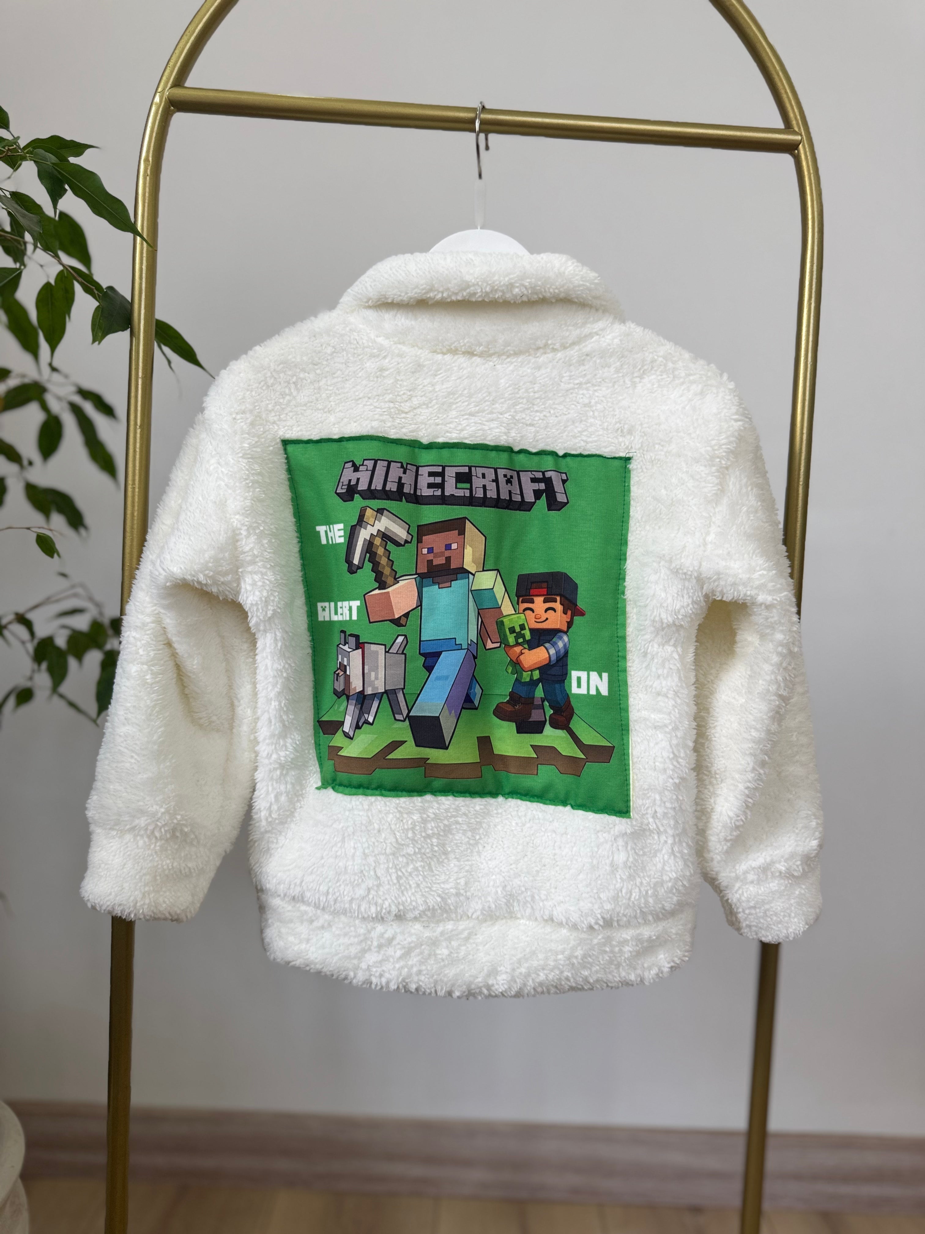 Minecraft Baskılı Krem Peluş Hırka