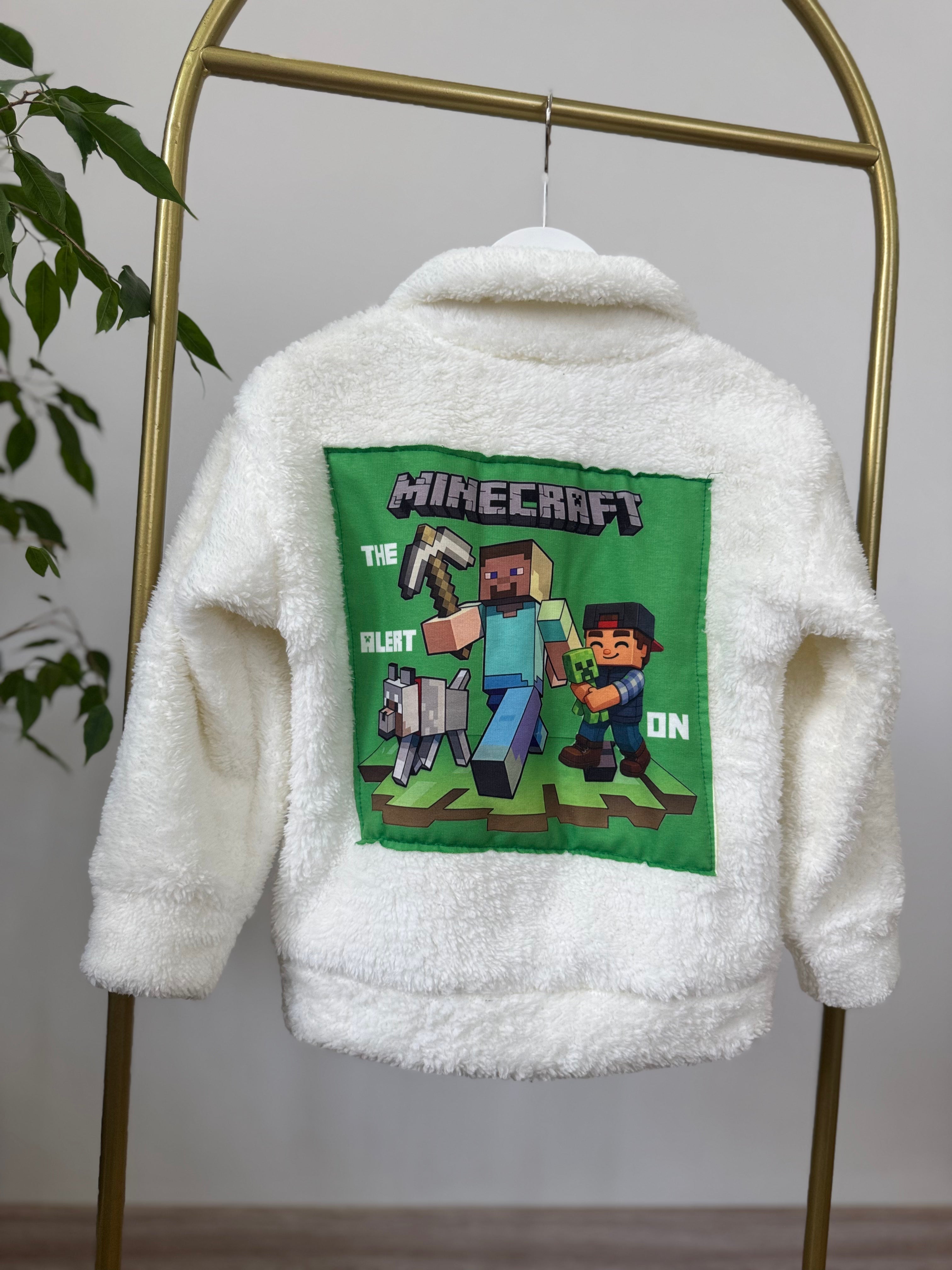 Minecraft Baskılı Krem Peluş Hırka