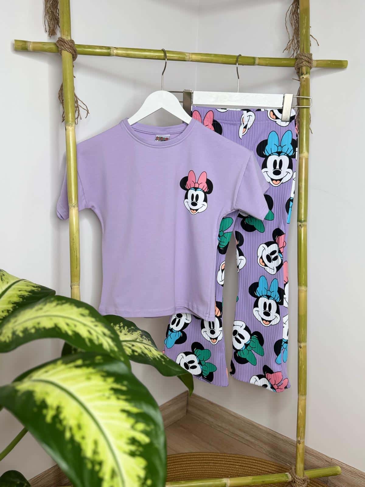 Mickey Mouse Baskılı Lila İspanyol Paça Taytlı Takım