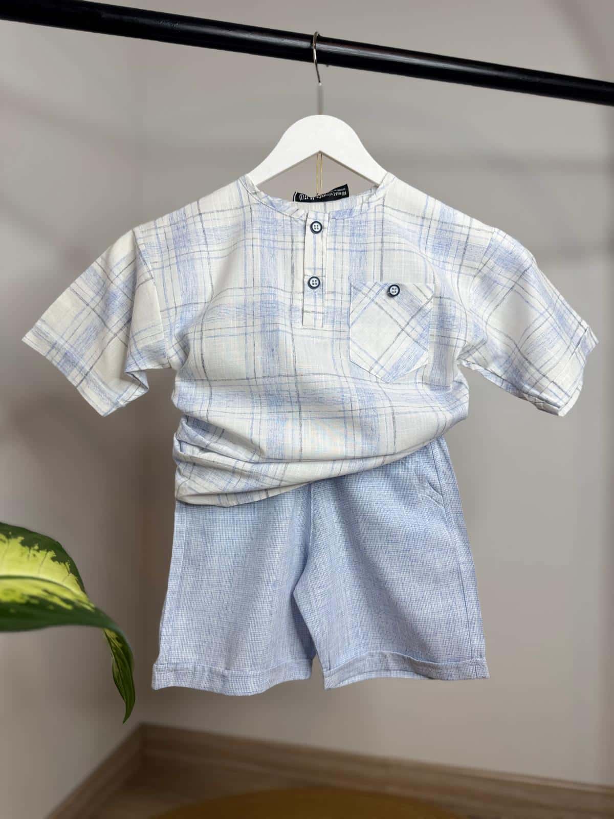 Mavi Kareli Keten Şortlu Takım