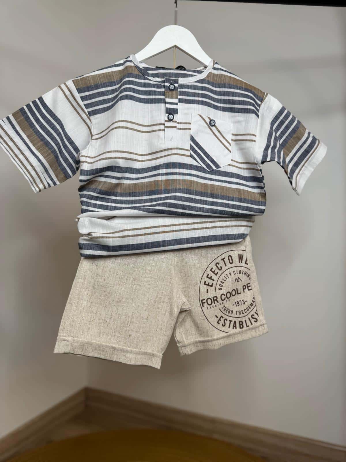 Kahve Çizgili Keten Şortlu Takım