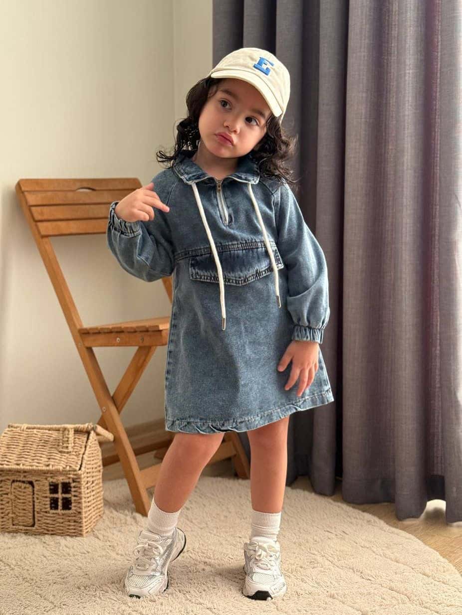 Yarım Fermuarlı Denim Elbise